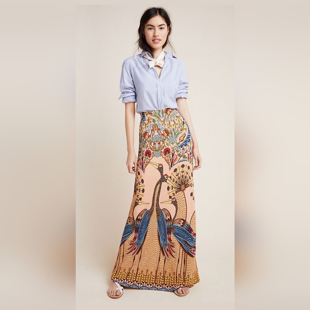 Farm Rio Mixed-Print Maxi skirt in Peacock pattern